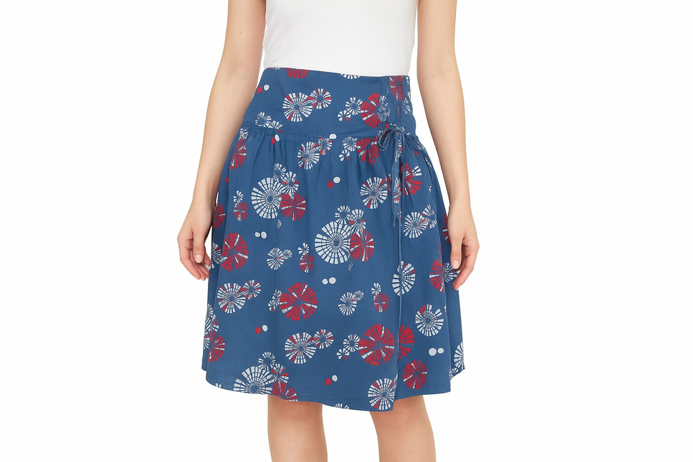 Ben Sherman Blue Skirt Red White Geometric Circle Smocked Cotton Side Tie M